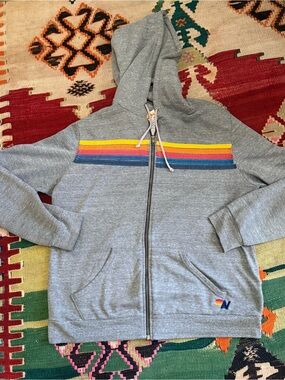 Aviator Nation Men’s Grey Zip Hoodie with Rainbow Stripes
